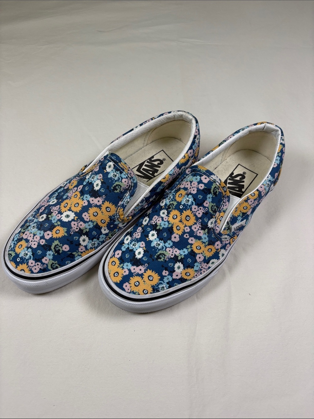 Vans Slip-On Flats in Navy Canvas with Yellow & Pink Floral Print